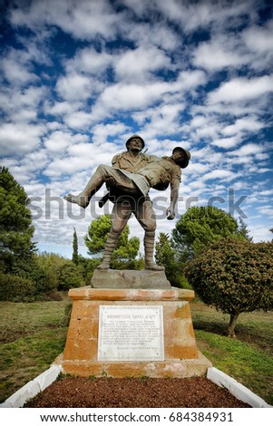 CANAKKALE, TURKEY, MAY 10, 2017: Monument of a Turkish soldier carrying wounded Anzac soldier at Canakkale Martyrs' Memorial, Turkey Royalty-Free Stock Photo #684384931