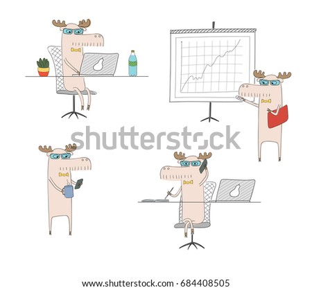 Hand drawn vector illustration of a funny moose working in an office, with a laptop, doing presentation, talking on the phone, on coffee break. Isolated objects on white background. Design concept.