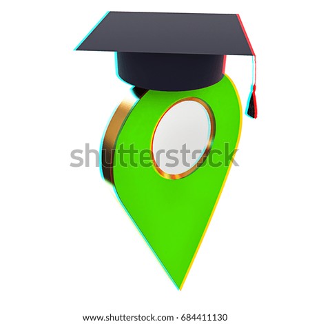 Geo pin with graduation hat on white. School sign, geolocation and navigation. 3d illustration. Anaglyph. View with red/cyan glasses to see in 3D.