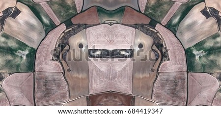Islamist robot,Abstract Symmetrical Photographs of Spain fields from the air ,artistic representation of human labor camps bird's eye view,  abstract  surreal, expressionist