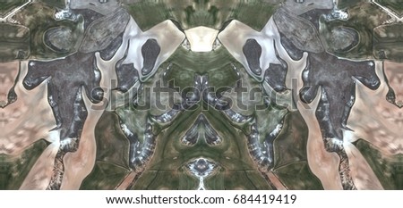Horned hound,Abstract Symmetrical Photographs of Spain fields from the air ,artistic representation of human labor camps bird's eye view,  abstract  surreal, expressionist 