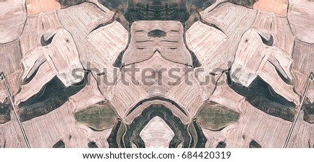Narcissistic robot,Abstract Symmetrical Photographs of Spain fields from the air ,artistic representation of human labor camps bird's eye view,  abstract  surreal, expressionist