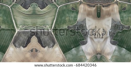 Sheepdog during lunch,Abstract Symmetrical Photographs of Spain fields from the air ,artistic representation of human labor camps bird's eye view,  abstract  surreal, expressionist