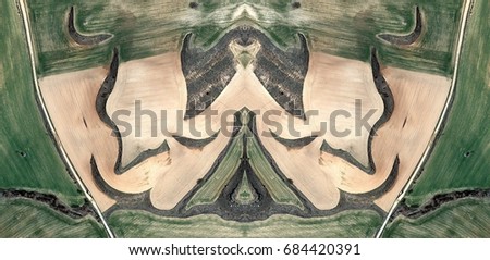 Sleepy mice,Abstract Symmetrical Photographs of Spain fields from the air ,artistic representation of human labor camps bird's eye view,  abstract  surreal, expressionist