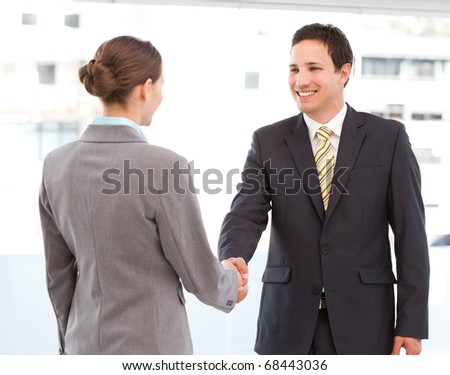 Cheerful businessman and businesswoman concluding a deal by shaking hands
