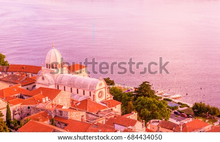 View of St James cathedral in Sibenik old town from St. Michael's  fortress: SIBENIK CROATIA