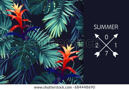 Green summer tropical background with exotic palm leaves and flowers. Vector floral background. Royalty-Free Stock Photo #684448690
