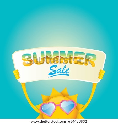 summer sale vector poster. summer happy sun holding sign or banner with special offer sale text 