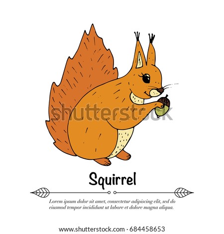 Handdrawn vector doodle logo. Autumn illustration with squirrel.