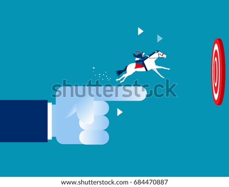 Businessman ride a horse go to target. Hand pointing to success. Concept business vector illustration.
