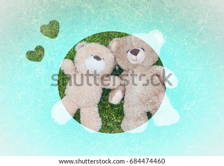 Valentine background with Two teddy bears laying down on grass looking up to sky with heart shape in sweet blue color, Concept for love or valentine