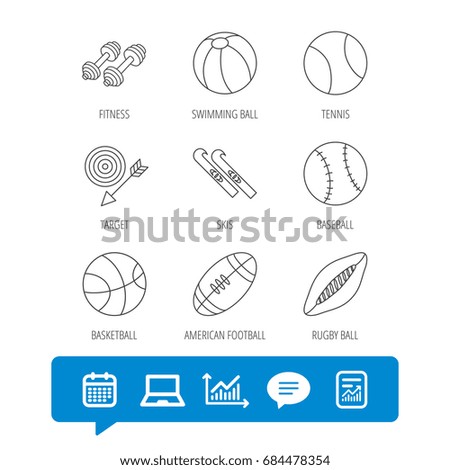 Sport fitness, tennis and basketball icons. Baseball, skis and American footbal signs. Rugby, swimming or pilates ball icons. Report file, Graph chart and Chat speech bubble signs. Vector