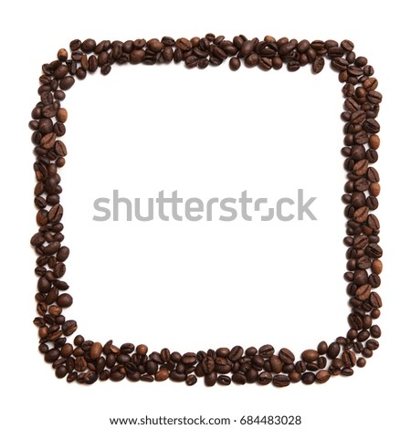 Isolated coffee beans square shape on white background. Close up picture of frame made from seeds