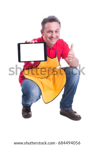 Sales assistant holding tablet with text space in the store and doing like gesture on white background
