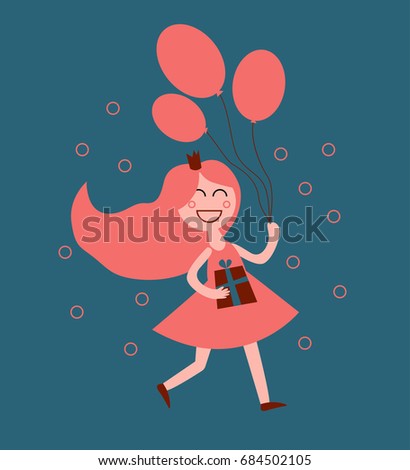 Happy Birthday Card with cute little Princess and present,balloon 