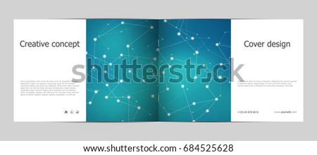 Rectangle brochure template layout, cover, annual report, magazine in A4 size with  molecule particles structure. Geometric abstract background. Vector illustration