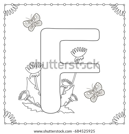 Alphabet coloring page. Capital letter "F" with flowers, leaves and butterflies. Vector illustration.