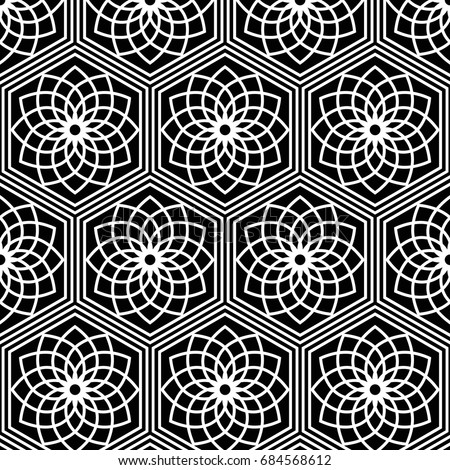 Seamless pattern of Japanese traditional lattice ornament with Lotus flower. Oriental trellis print. Abstract black and white background of intersected shapes in Asian style. Vector Illustration.  Royalty-Free Stock Photo #684568612