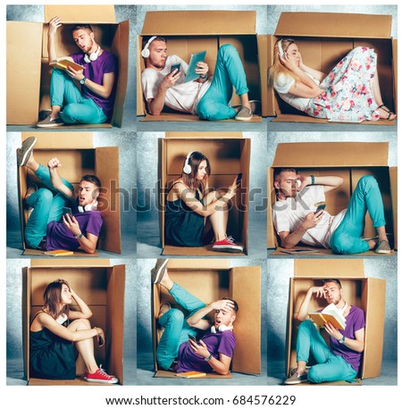 Introvert concept. Collage of man and women sitting inside box
