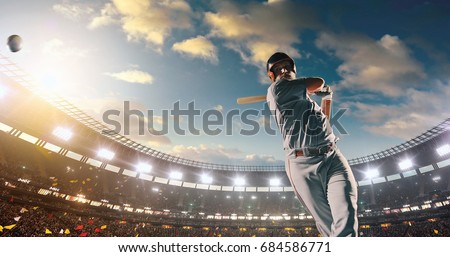 A male baseball player performs a dramatic play on the baseball stadium. He wears unbranded sport clothes. The stadium is made in 3D.