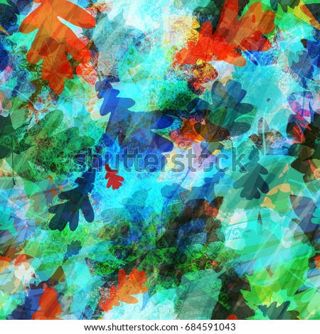 Floral Seamless pattern from brown, blue, green fallen leaves