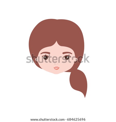 colorful caricature closeup front view face woman with side ponytail hairstyle vector illustration