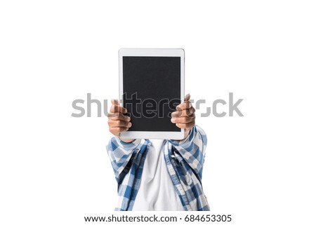 cute african american boy holding digital tablet with blank screen isolated on white 