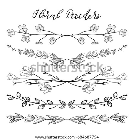 Black Hand Drawn Doodle Dividers, Line Borders with Branches, Herbs, Plants and Flowers. Decorative Outlined Illustration. Floral Dividers