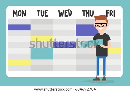 Personal assistant. Young character planning a schedule / flat editable vector illustration, clip art