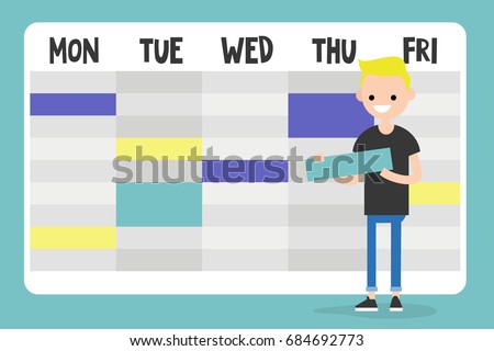 Personal assistant. Young character planning a schedule / flat editable vector illustration, clip art