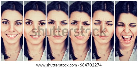 Young woman changing mood from being happy to getting upset and angry  Royalty-Free Stock Photo #684702274