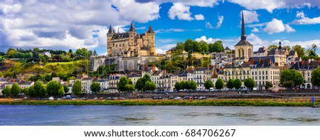 Landmarks of France-panorama of Samumur town with royal castle.  Royalty-Free Stock Photo #684706267