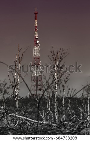 Modern telecommunications tower in dead forest