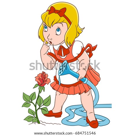 Cartoon girl watering rose flower. Colorful book page design for kids and children.