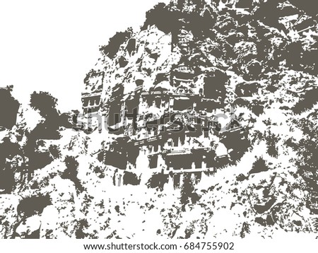 the horizontal vector grunge texture. the Lycian graves in the rock. imitation of an old photo. background illustration for design