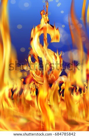 Conceptual image of burning dollar sign and fire flames