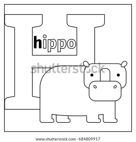 Coloring page or card for kids with English animals zoo alphabet. Hippo, letter H illustration