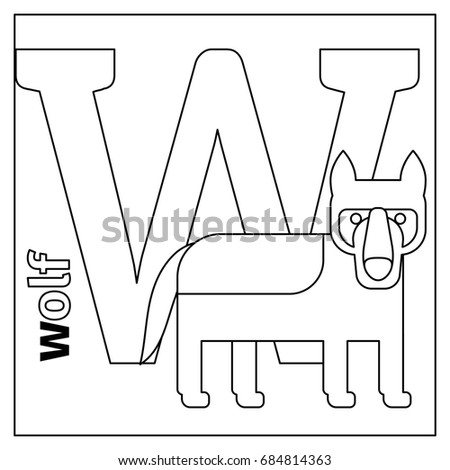 Coloring page or card for kids with English animals zoo alphabet. Wolf, letter W illustration