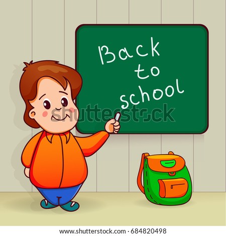 Vector illustration with cartoon boy what writing on a board in education. Back to school. Can be used for school lesson, sticker and print design, t-shirt print, promotional card, animations.