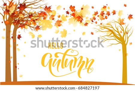 Autumn illustration for design banner, ticket, leaflet, card, poster and so on. Yellow maple leaves and trees silhouette scenery.