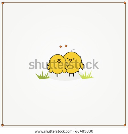 simple card illustration of two funny cartoon chickens in love