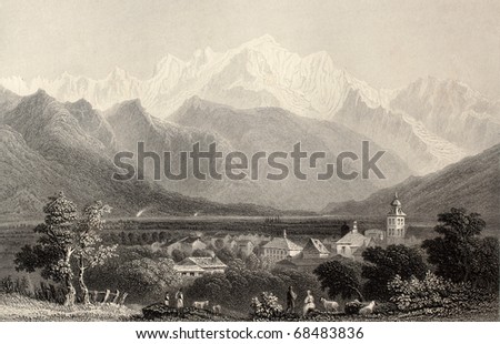 Antique illustration of Monte Bianco (White Mountain), Alps, Italy. Original, created by W. H. Bartlett and E. Benjamin, was published in Florence, Italy, 1842, Luigi Bardi ed.