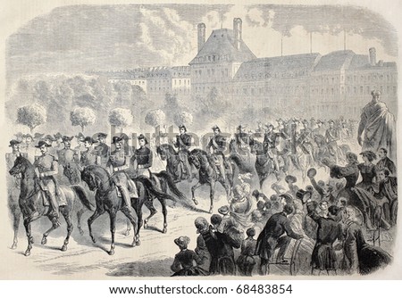 Antique illustration shows French emperor Napoleon III horse riding with Chiefs of Staff. Original, from drawing of Janet-Lange, published on L'Illustration, Journal Universel, Paris, 1860