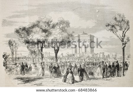 Antique illustration of military musicians festival, during Montpellier exhibition in 1860. Original, from drawing of M. Laurens, was published on L'Illustration, Journal Universel, Paris, 1860