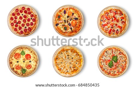 Six different pizza set for menu. Meat pizzas with 1)Pepperoni 2)Pizza with bacon 3) pepperoni 4)Margarita 5) BBQ chicken pizza with olives  6) With seafood