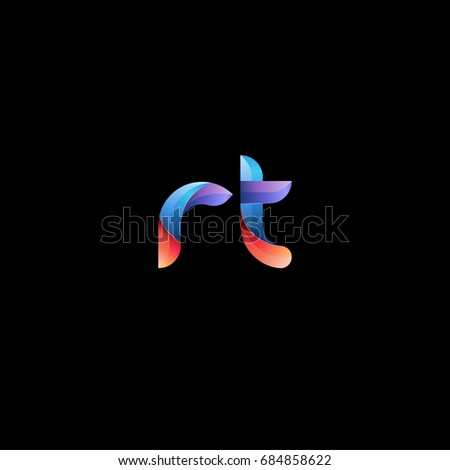Initial lowercase letter rt, curve rounded logo, gradient vibrant colorful glossy colors on black background