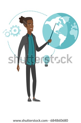 Young african-american businessman standing in front of globe. man pointing at a globe. Concept of global business. Vector flat design cartoon illustration isolated on white background.