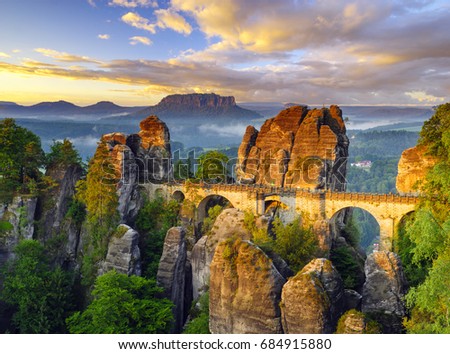 The Bastei bridge, Saxon Switzerland National Park, Germany Royalty-Free Stock Photo #684915880