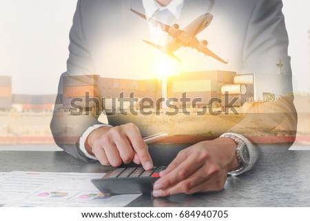 Double exposure of businessman working with calculator, Container Cargo ship, Cargo plane and airplane take off at sunset as business, Calculation, industrial, transportation and import export concept Royalty-Free Stock Photo #684940705