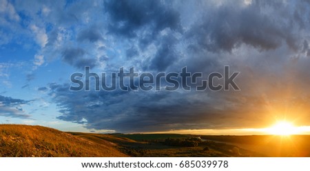Panoramic view from the hills from the chalk to the valley of the Don River. Photographed in Russia during sunset.